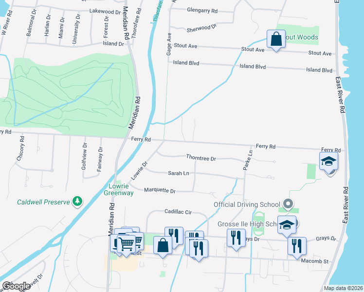 map of restaurants, bars, coffee shops, grocery stores, and more near 8729 Ferry Road in Grosse Ile Township