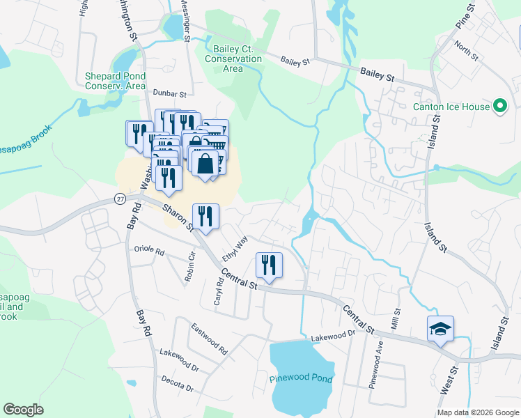 map of restaurants, bars, coffee shops, grocery stores, and more near 14 Brian Drive in Stoughton