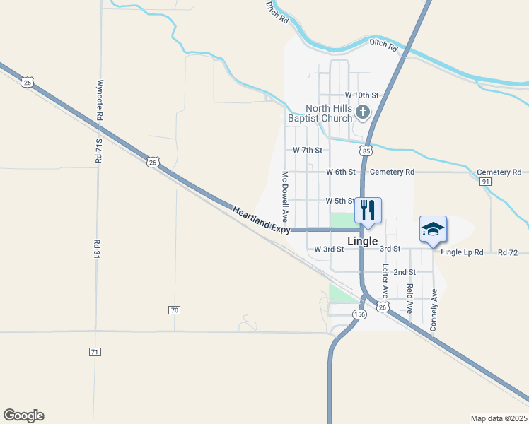 map of restaurants, bars, coffee shops, grocery stores, and more near 3156 U.S. 26 in Lingle