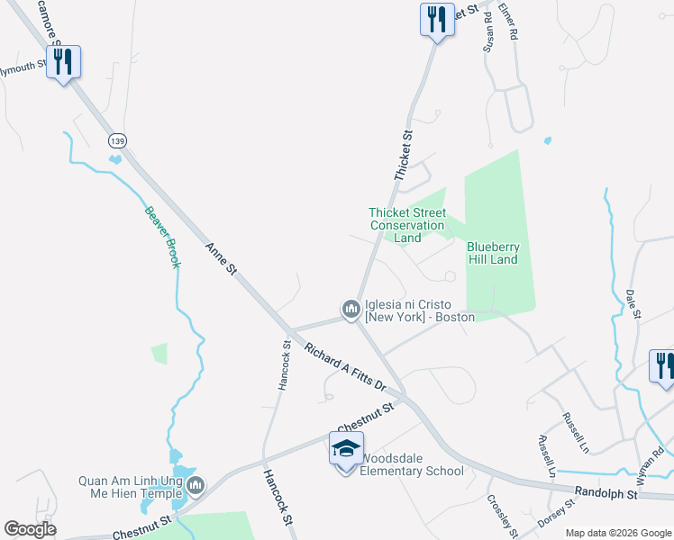map of restaurants, bars, coffee shops, grocery stores, and more near 36 Thicket Street in Abington