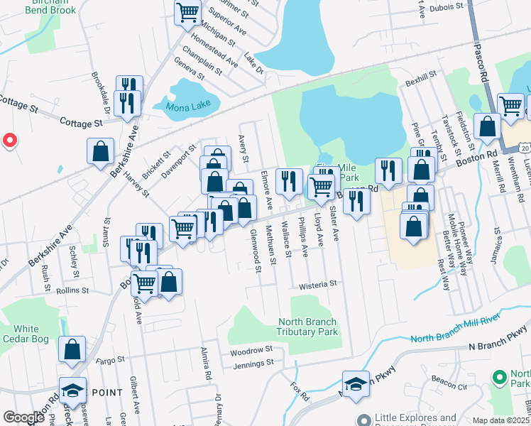 map of restaurants, bars, coffee shops, grocery stores, and more near 125 Elmore Avenue in Springfield