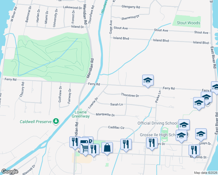 map of restaurants, bars, coffee shops, grocery stores, and more near 8855 Ferry Road in Grosse Ile Township
