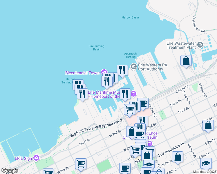 map of restaurants, bars, coffee shops, grocery stores, and more near Dobbins Landing in Erie