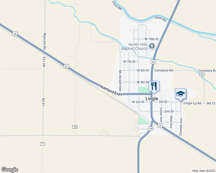 map of restaurants, bars, coffee shops, grocery stores, and more near 3156 U.S. 26 in Lingle