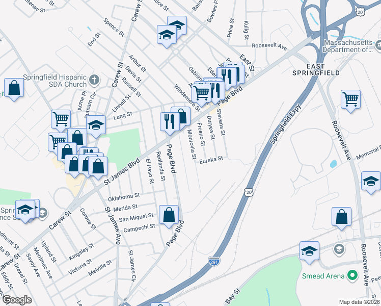 map of restaurants, bars, coffee shops, grocery stores, and more near 97-99 Santa Barbara Street in Springfield