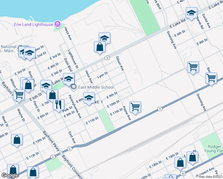 map of restaurants, bars, coffee shops, grocery stores, and more near in Erie