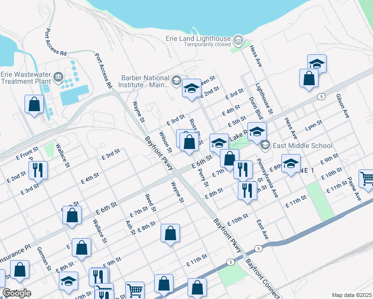 map of restaurants, bars, coffee shops, grocery stores, and more near 916 East 5th Street in Erie