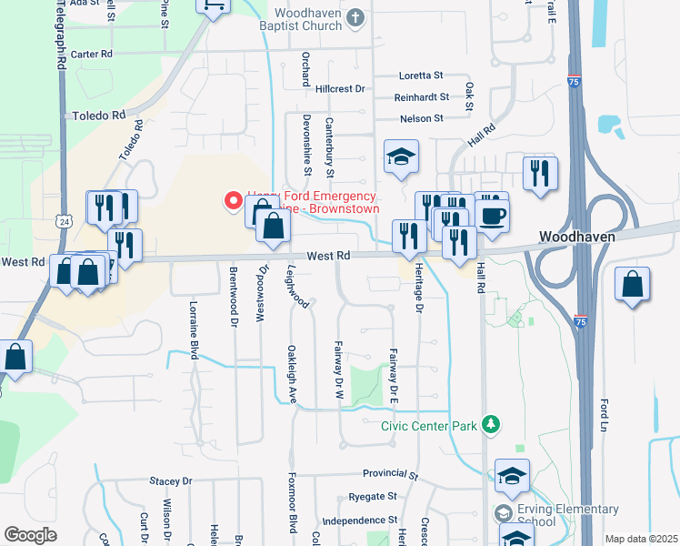 map of restaurants, bars, coffee shops, grocery stores, and more near 22481 West Road in Woodhaven