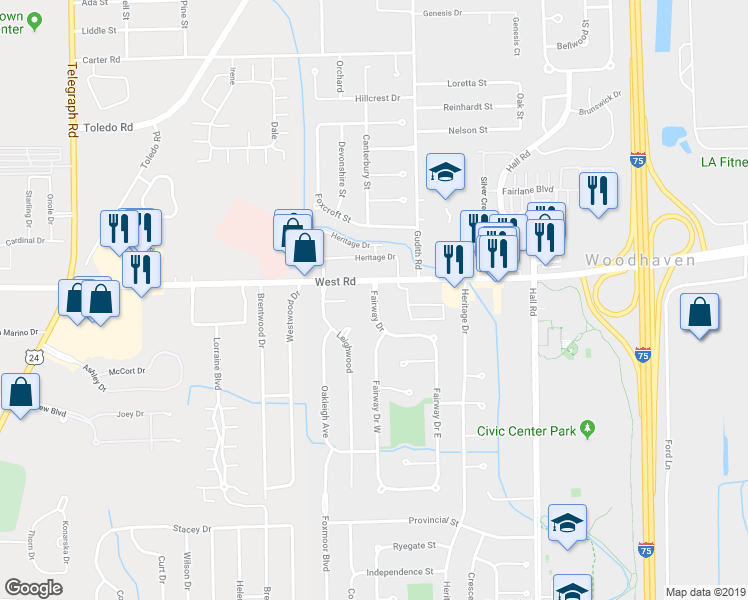 map of restaurants, bars, coffee shops, grocery stores, and more near 23101 Hall Road in Woodhaven