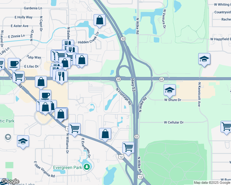 map of restaurants, bars, coffee shops, grocery stores, and more near 1552 Norway Lane in Palatine