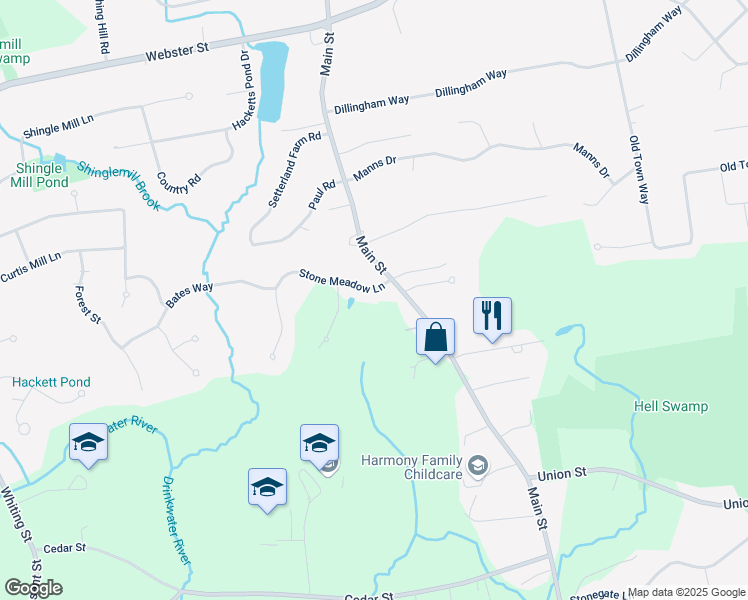 map of restaurants, bars, coffee shops, grocery stores, and more near 16 Stone Meadow Lane in Hanover