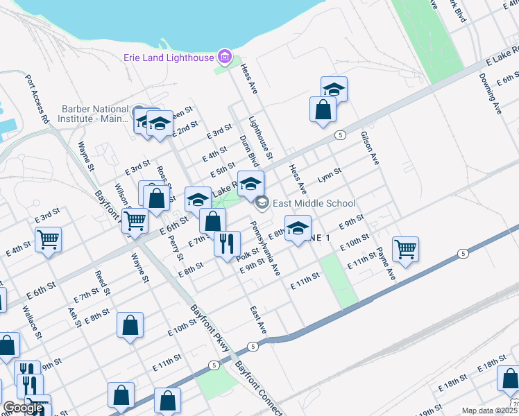 map of restaurants, bars, coffee shops, grocery stores, and more near 1001 Atkins Street in Erie
