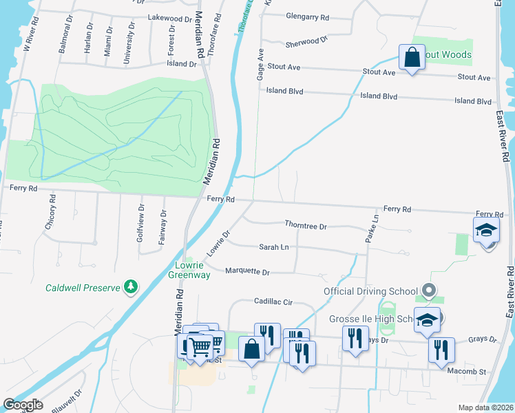 map of restaurants, bars, coffee shops, grocery stores, and more near 8855 Ferry Road in Grosse Ile Township