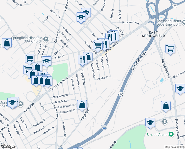 map of restaurants, bars, coffee shops, grocery stores, and more near 97-99 Santa Barbara Street in Springfield