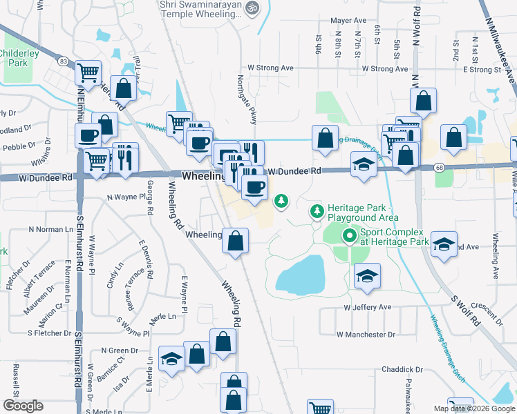 map of restaurants, bars, coffee shops, grocery stores, and more near 343 West Dundee Road in Wheeling