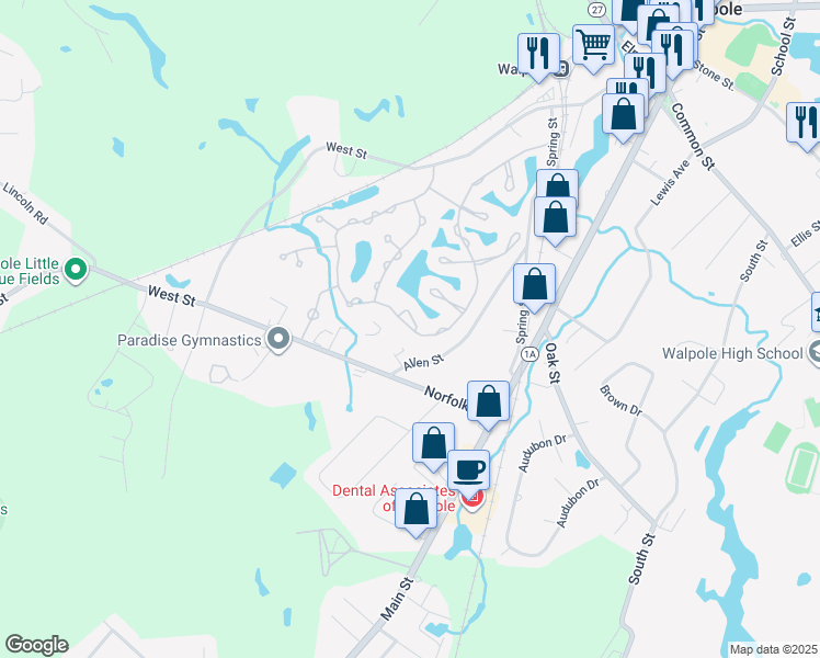 map of restaurants, bars, coffee shops, grocery stores, and more near 170 Clear Pond Dr in Walpole