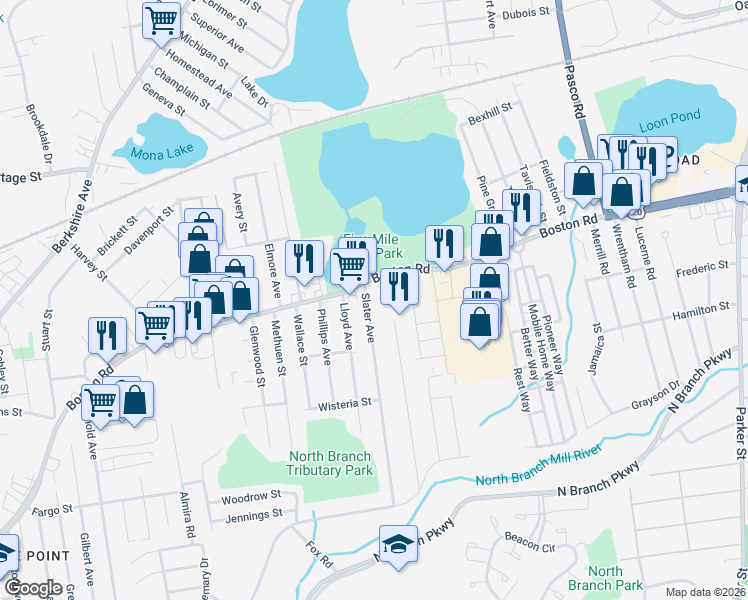map of restaurants, bars, coffee shops, grocery stores, and more near 977 Boston Road in Springfield