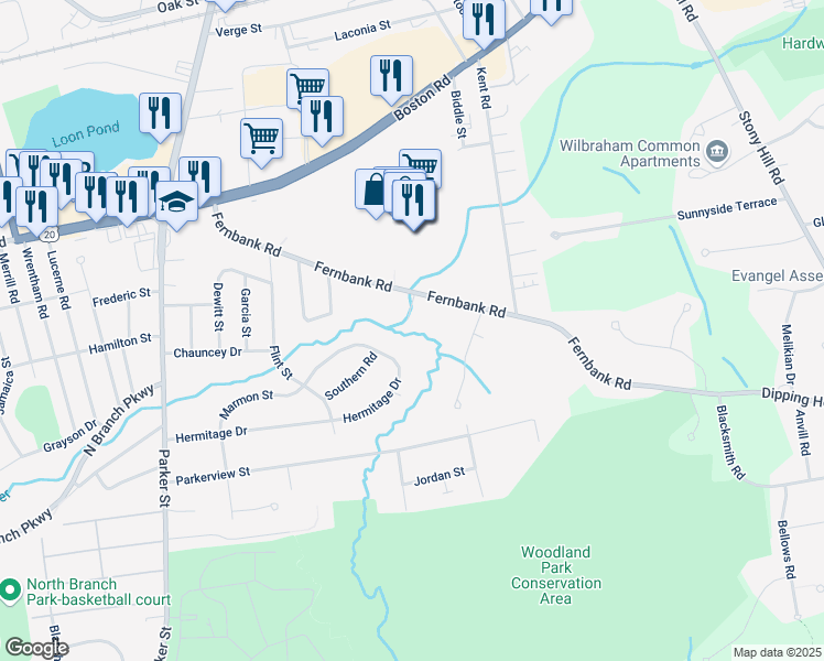 map of restaurants, bars, coffee shops, grocery stores, and more near 193-321 Fernbank Road in Springfield