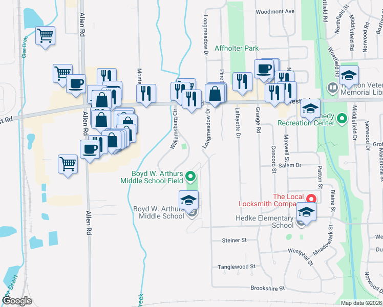 map of restaurants, bars, coffee shops, grocery stores, and more near 23469 Williamsburg Circle in Woodhaven