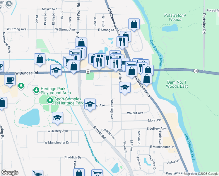 map of restaurants, bars, coffee shops, grocery stores, and more near 223 Center Avenue in Wheeling