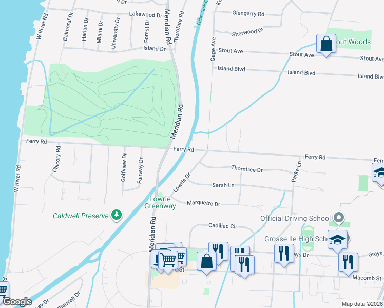 map of restaurants, bars, coffee shops, grocery stores, and more near 9001 Ferry Road in Grosse Ile Township
