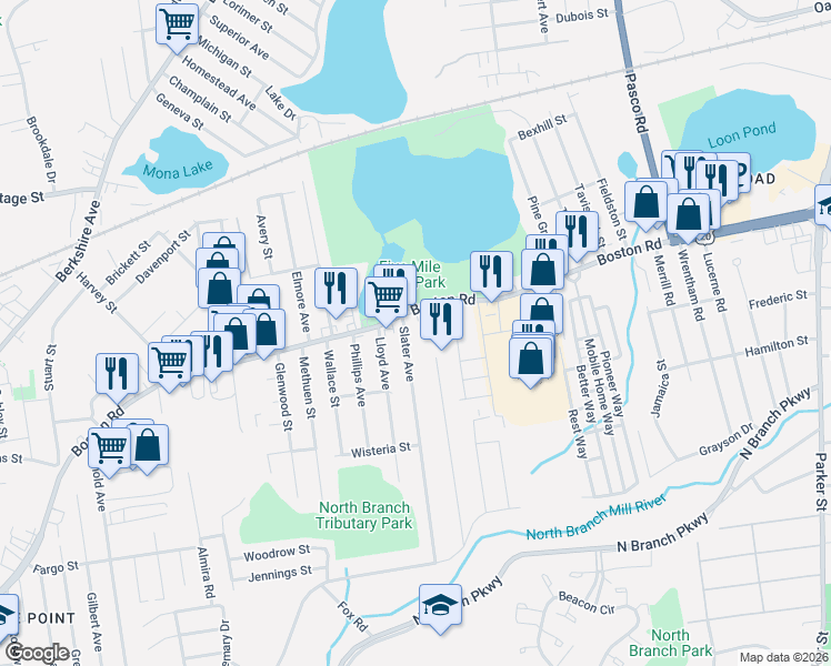 map of restaurants, bars, coffee shops, grocery stores, and more near 977 Boston Road in Springfield