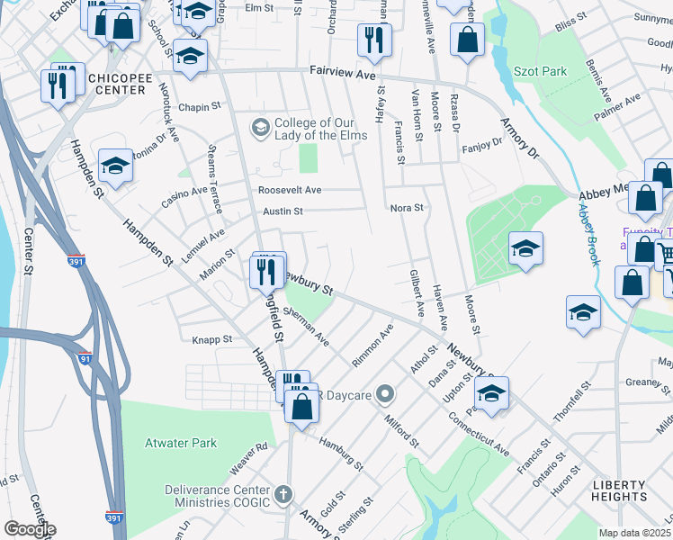 map of restaurants, bars, coffee shops, grocery stores, and more near 30 Conrad Street in Chicopee