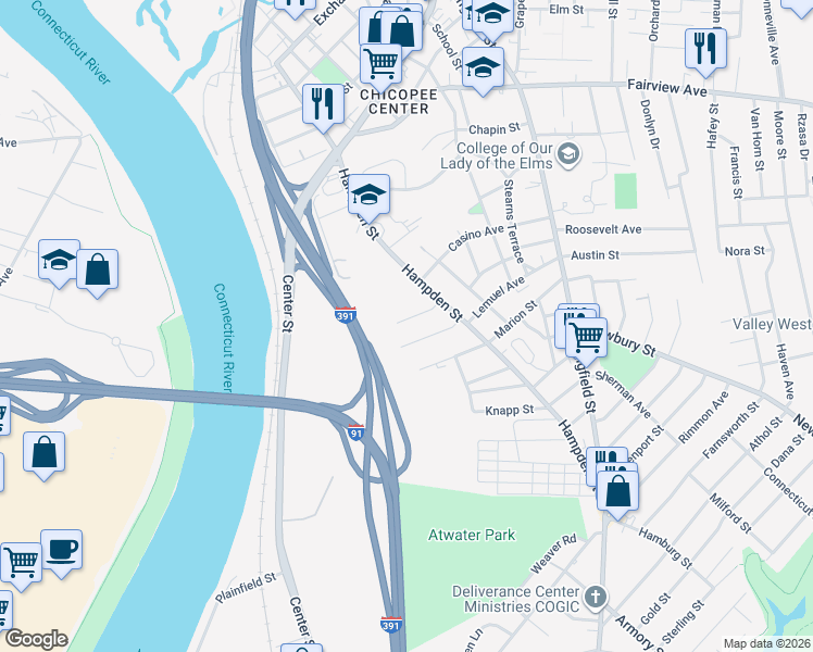 map of restaurants, bars, coffee shops, grocery stores, and more near 27 Kennedy Street in Chicopee