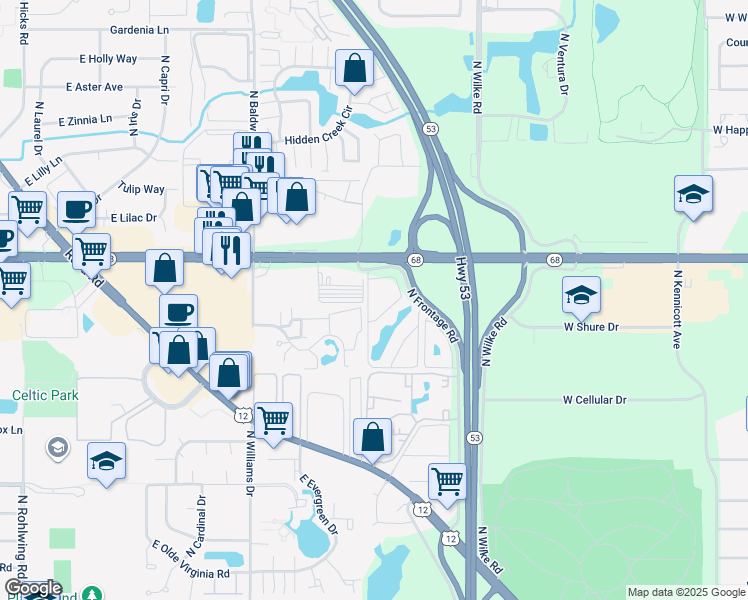 map of restaurants, bars, coffee shops, grocery stores, and more near 1385 East Dundee Road in Palatine