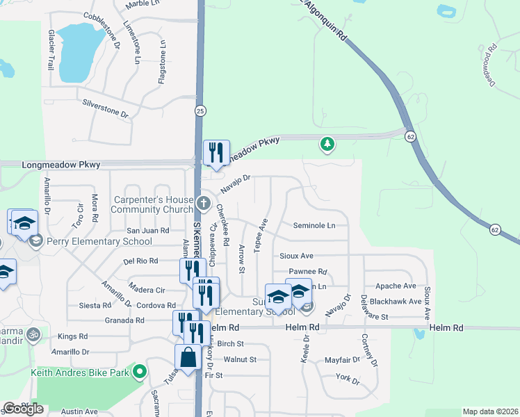 map of restaurants, bars, coffee shops, grocery stores, and more near 2412 Tomahawk Court in Carpentersville