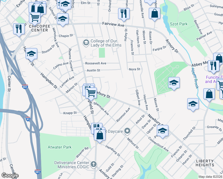 map of restaurants, bars, coffee shops, grocery stores, and more near 30 Conrad Street in Chicopee