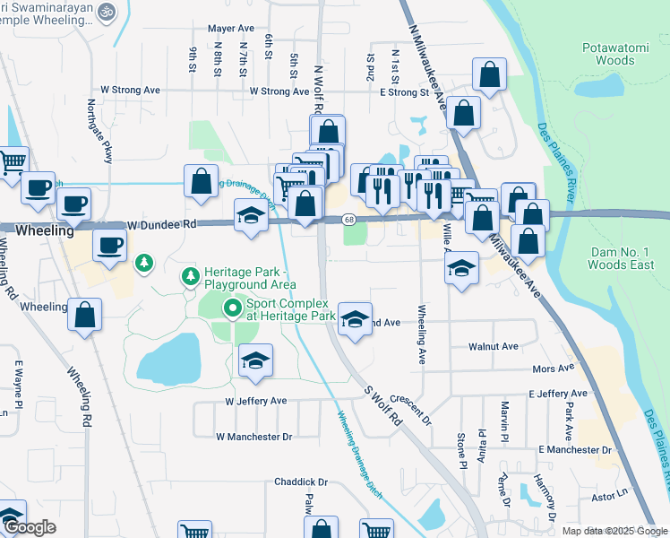 map of restaurants, bars, coffee shops, grocery stores, and more near 25 Center Avenue in Wheeling