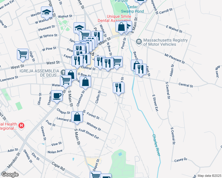 map of restaurants, bars, coffee shops, grocery stores, and more near 2 Seena Heller Way in Milford