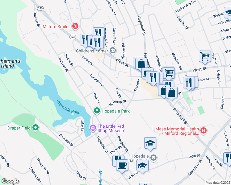 map of restaurants, bars, coffee shops, grocery stores, and more near 31 Oak Street in Hopedale