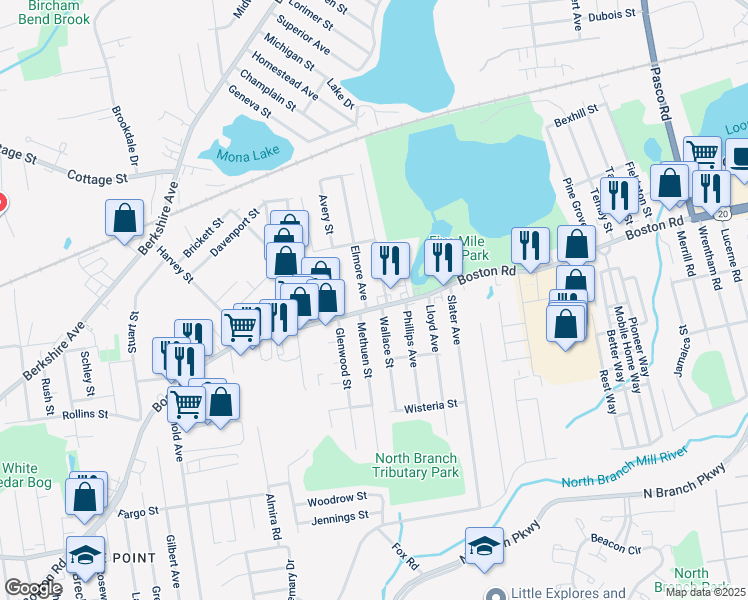 map of restaurants, bars, coffee shops, grocery stores, and more near 125 Elmore Avenue in Springfield
