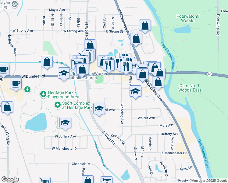 map of restaurants, bars, coffee shops, grocery stores, and more near 157 Center Avenue in Wheeling