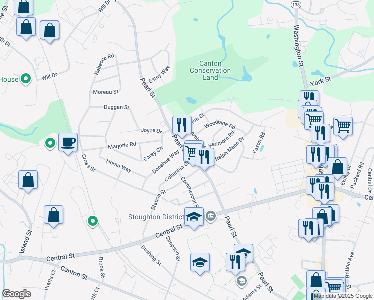 map of restaurants, bars, coffee shops, grocery stores, and more near 501 Pearl Street in Stoughton