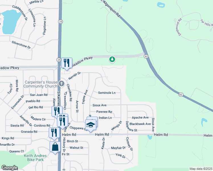 map of restaurants, bars, coffee shops, grocery stores, and more near Navajo Drive in Carpentersville