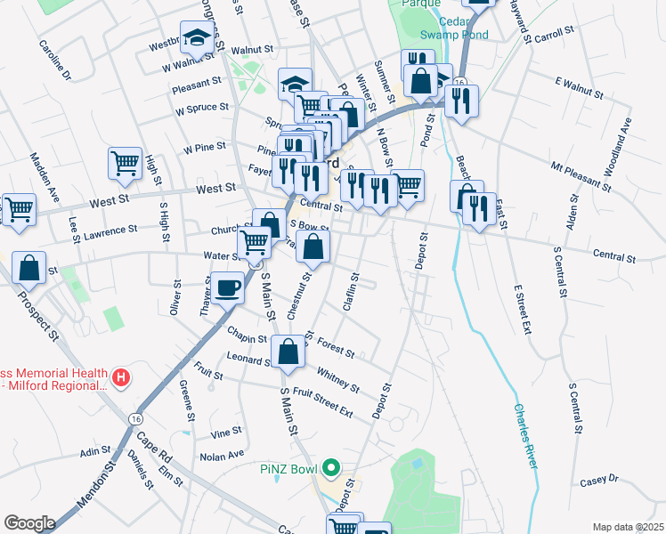map of restaurants, bars, coffee shops, grocery stores, and more near 42 Franklin Street in Milford