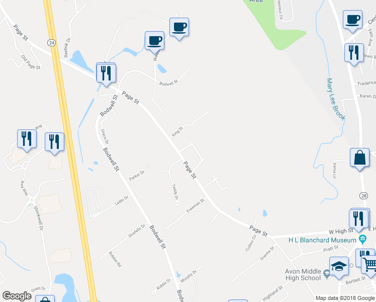 map of restaurants, bars, coffee shops, grocery stores, and more near 1 Blanchard Street in Avon