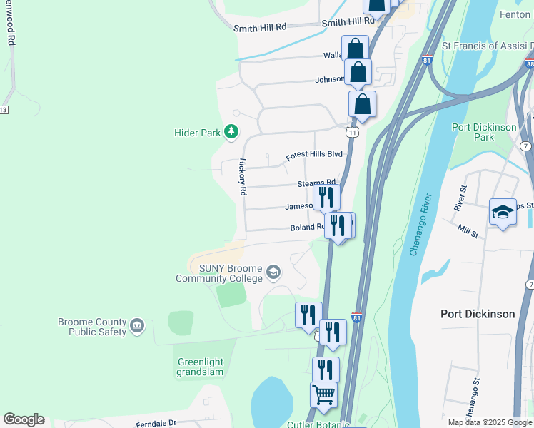 map of restaurants, bars, coffee shops, grocery stores, and more near 23 Jameson Road in Binghamton