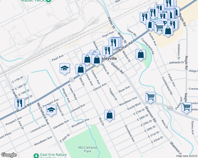 map of restaurants, bars, coffee shops, grocery stores, and more near 2121 Eastern Ave in Erie