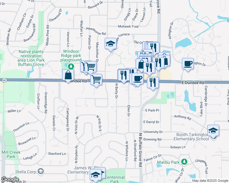 map of restaurants, bars, coffee shops, grocery stores, and more near 950 North Betty Drive in Buffalo Grove
