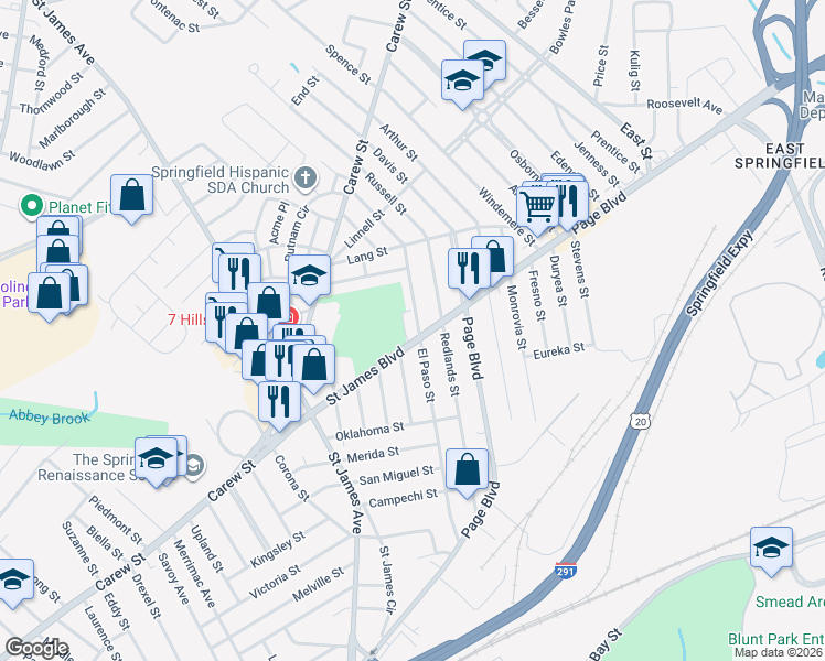 map of restaurants, bars, coffee shops, grocery stores, and more near 218 Saint James Boulevard in Springfield