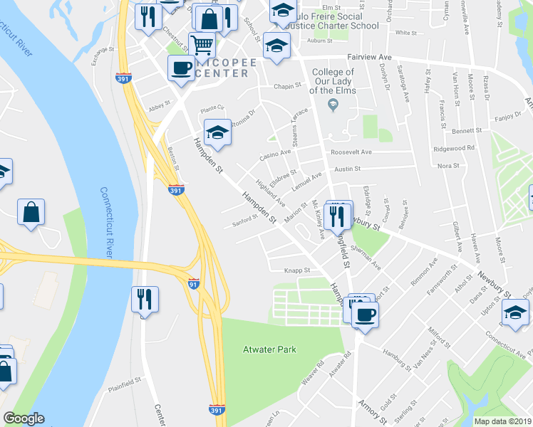 map of restaurants, bars, coffee shops, grocery stores, and more near 198 Lemuel Avenue in Chicopee