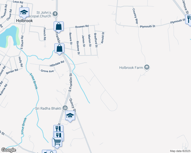 map of restaurants, bars, coffee shops, grocery stores, and more near 2 Belair Drive in Holbrook