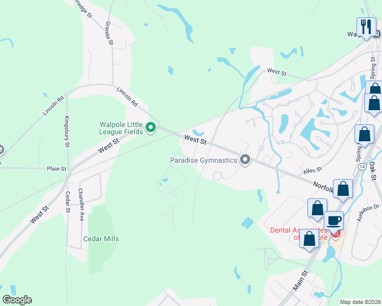 map of restaurants, bars, coffee shops, grocery stores, and more near 22 Forrest Road in Walpole