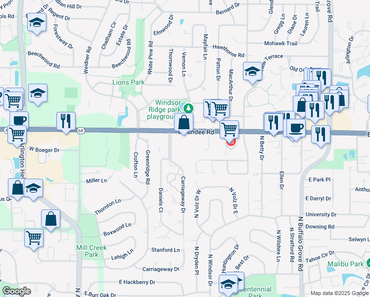 map of restaurants, bars, coffee shops, grocery stores, and more near 3401 North Carriageway Drive in Arlington Heights