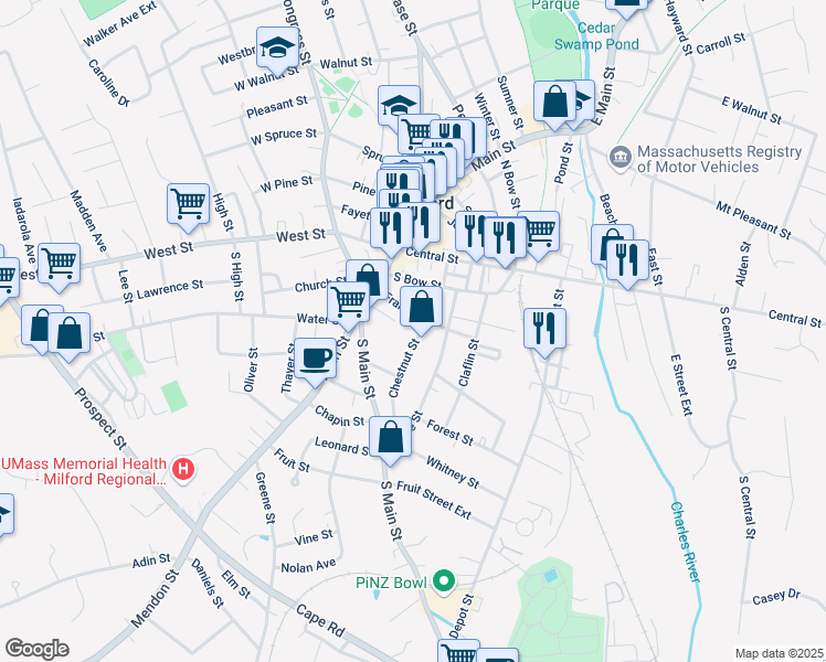 map of restaurants, bars, coffee shops, grocery stores, and more near 5 Chestnut Street in Milford