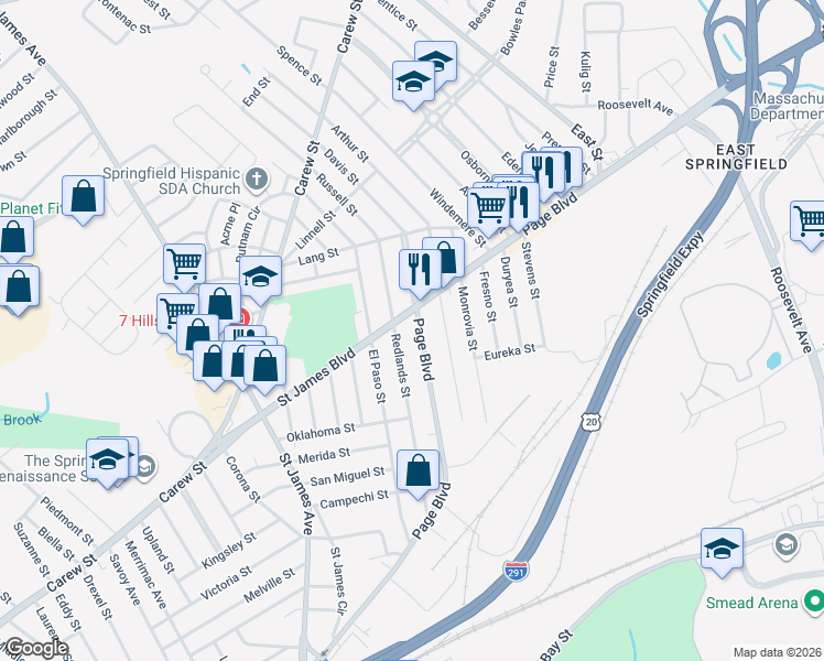 map of restaurants, bars, coffee shops, grocery stores, and more near 458 Page Boulevard in Springfield